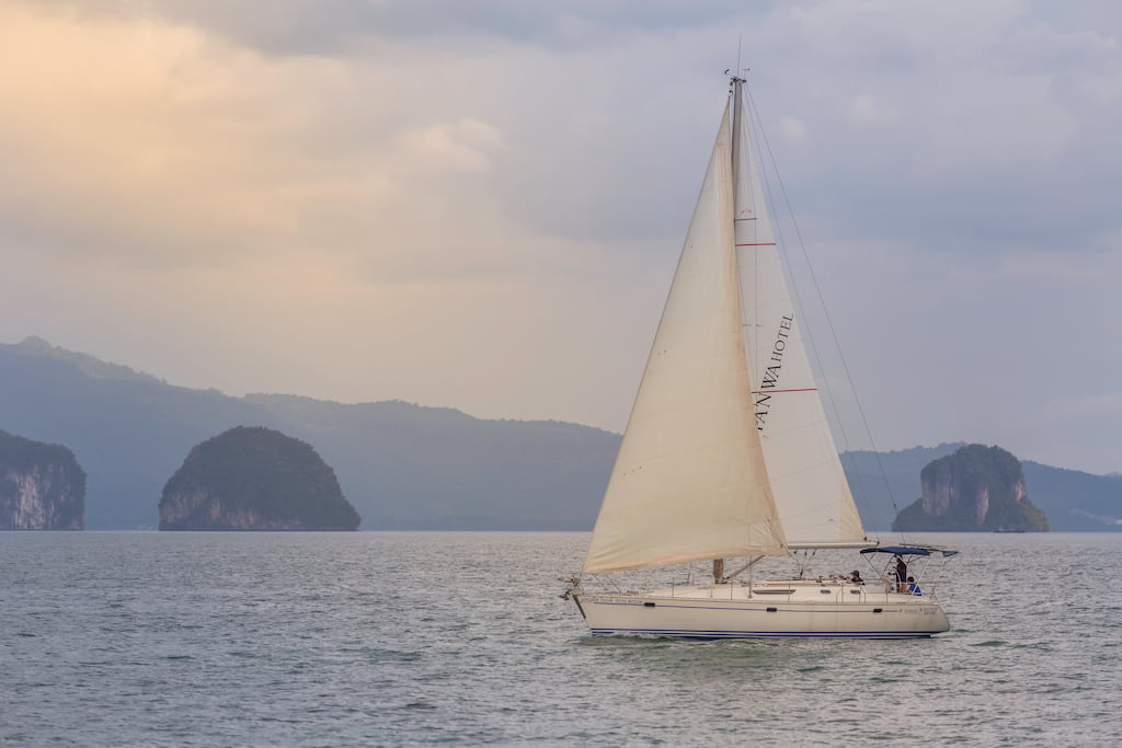 Cape Kudu Hotel’s Kantus Bride yacht cruising around Phang Nga Bay