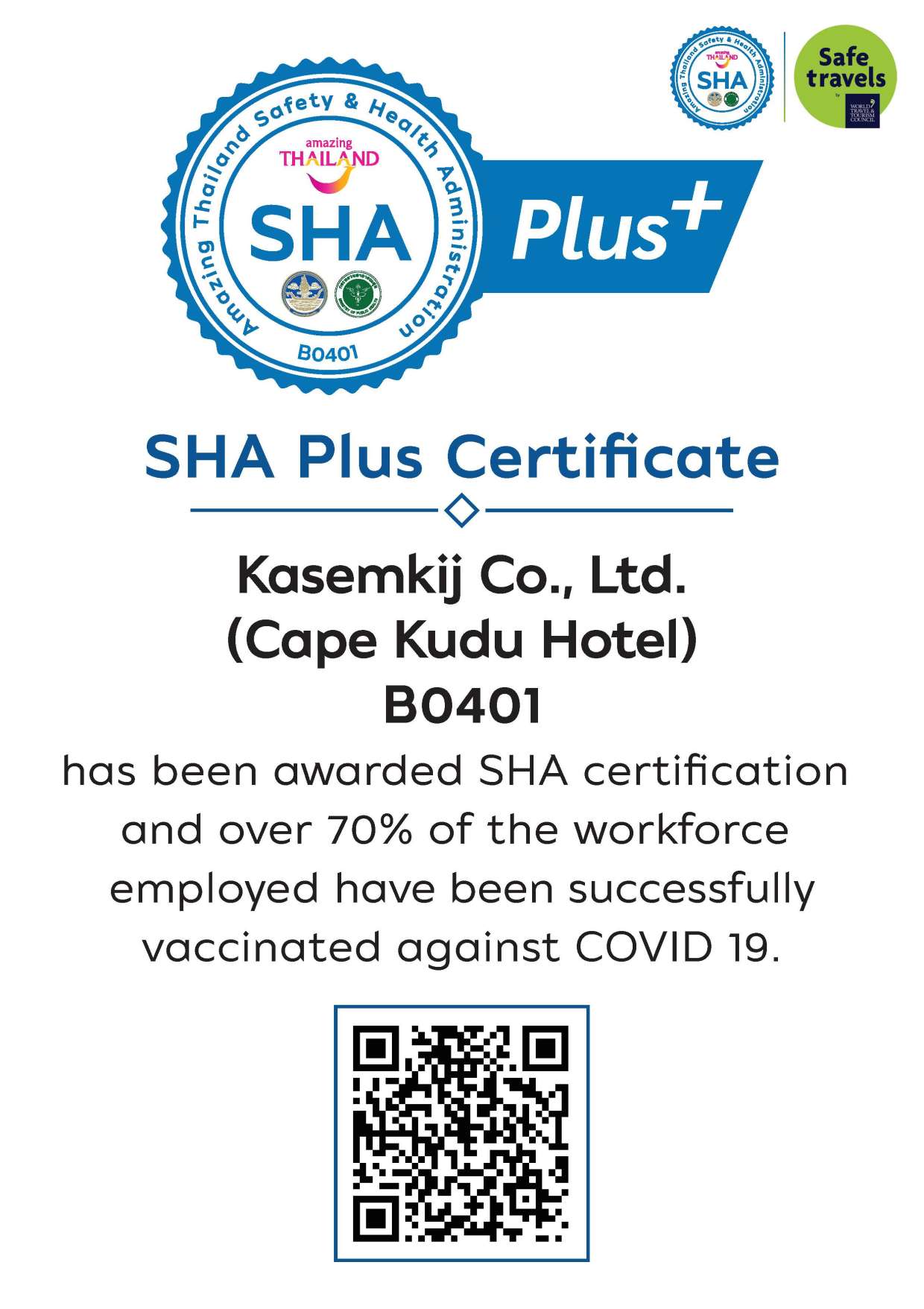 SHA Plus Certificate - Cape Kudu Hotel Koh Yao Noi