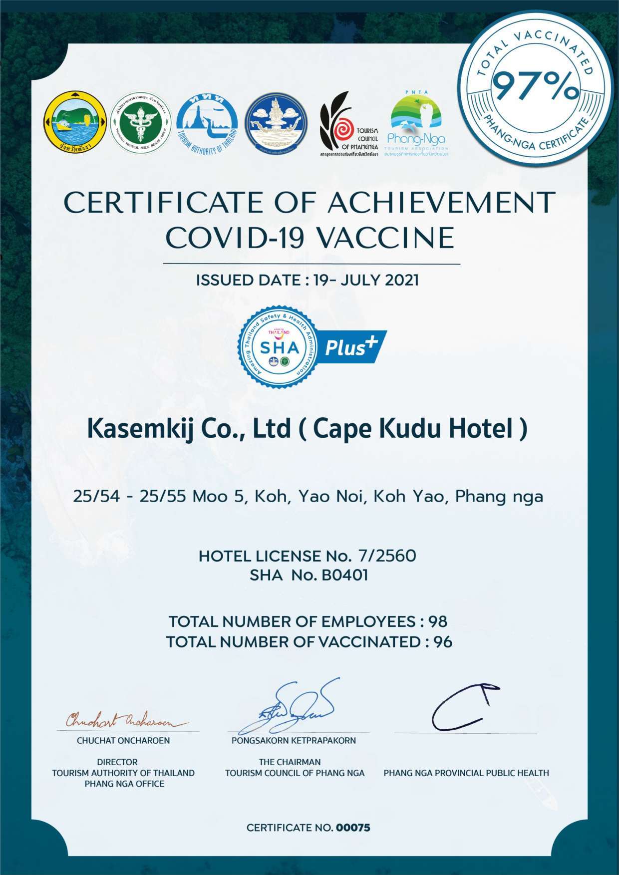 Certificate of Achievement COVID-19 Vaccine - Cape Kudu Hotel Koh Yao Noi